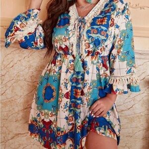 Bohemian Blue and White Dress/Tunic with Lace Details